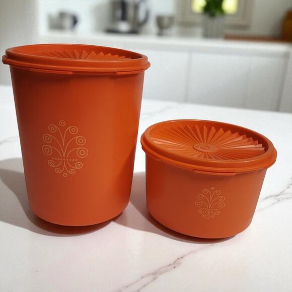 Tupperware Canister Set With Lids Orange Harvest Servalier Vintage Set of 2 - Picture 1 of 14